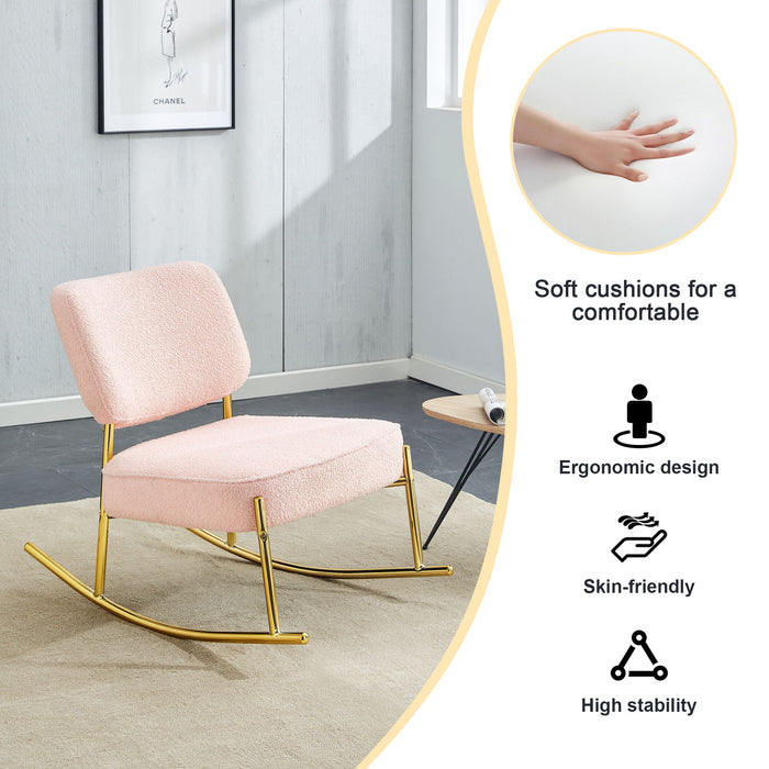 Teddy Velvet Material Cushioned Rocking Chair, Unique Rocking Chair, Cushioned Seat, Pink Backrest Rocking Chair, And Golden Metal Legs Comfortable Side Chairs In The Living Room, Bedroom, And Office