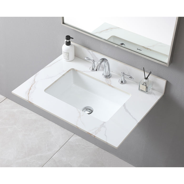 Montary 31 Inch Bathroom Vanity Top Stone Carrara Gold New Style Tops With Rectangle Undermount Ceramic Sink And Back Splash With 3 Faucet Hole For Bathrom Cabinet