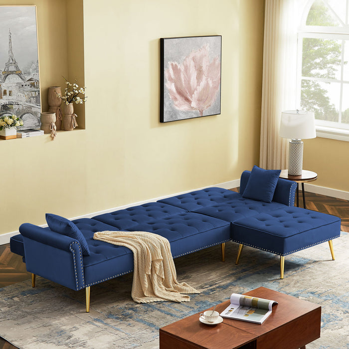 Modern Velvet Upholstered Reversible Sectional Sofa Bed, L-Shaped Couch With Movable Ottoman And Nailhead Trim For Living Room (Blue)