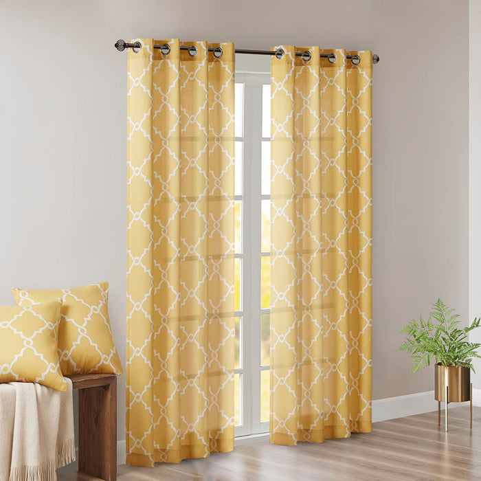 Fretwork Print Grommet Top Window Curtain Panel Yellow / White