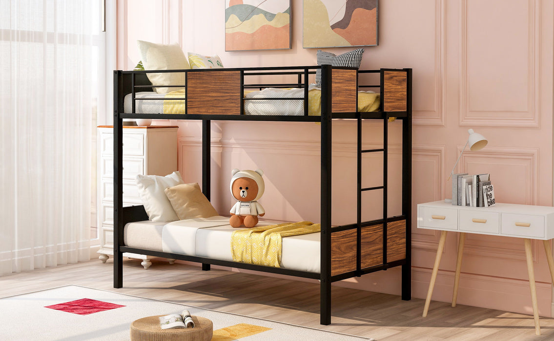 Twin Over Twin Bunk Bed Modern Style Steel Frame Bunk Bed With Safety Rail, Built In Ladder For Bedroom, Dorm, Boys, Girls, Adults