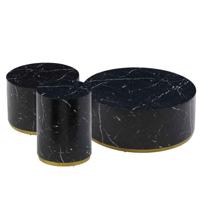 (Set of 3) Black Marble Pattern Round Coffee Table Side Table End Table Set For Living Room Fully Assembled