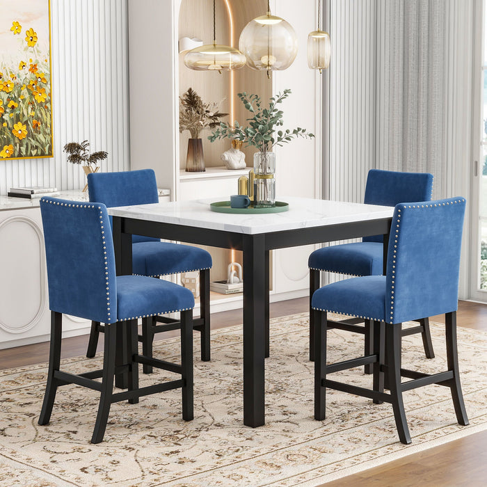 5 Piece Counter Height Dining Table Set With One Faux Marble Top Dining Table And Four Velvet - Upholstered Chairs, Blue