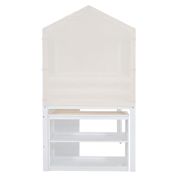 Twin Size Loft Bed With Rolling Cabinet, Shelf And Tent - White