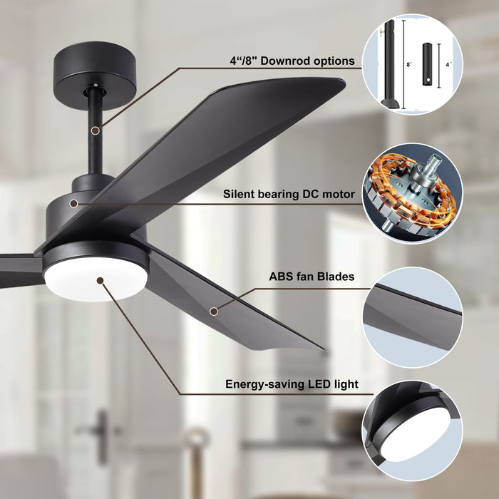 52 Inch Ceiling Fan With Light, Modern Dimmable Ceiling Fan With 3 Reversible Blades, Remote Controls, For Indoor/Outdoor Patio Living Room Bedroom, Black