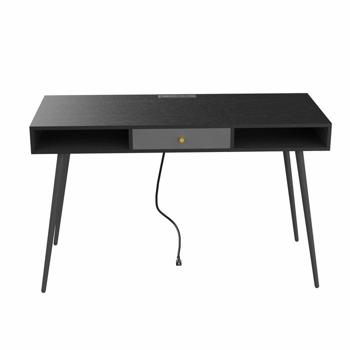Mid-Century Desk With USB Ports And Power Outlet, Modern Writing Study Desk With Drawers, Multifunctional Home Office Computer Desk Black