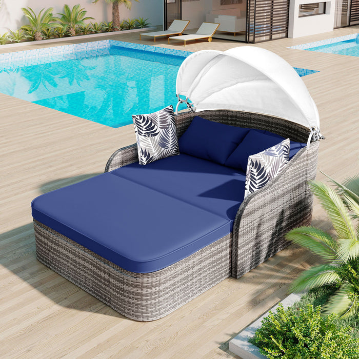 Go 79 9" Outdoor Sunbed With Adjustable Canopy, Daybed With Pillows, Double Lounge, Pe Rattan Daybed, Gray Wicker And Blue Cushion