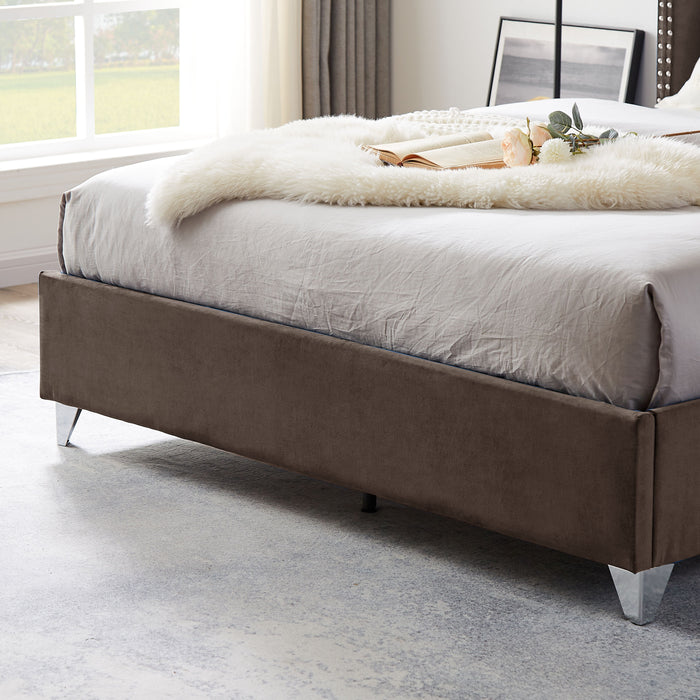B100S King Bed, Button Designed Headboard, Strong Wooden Slats And Metal Legs With Electroplate - Brown