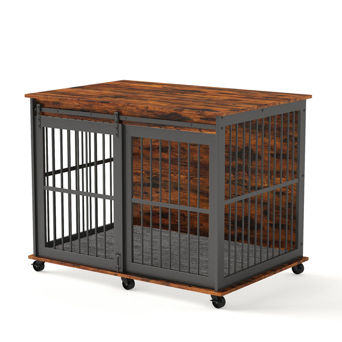 Furniture Dog Crate Sliding Iron Door Dog Crate With Mat - Rustic Brown