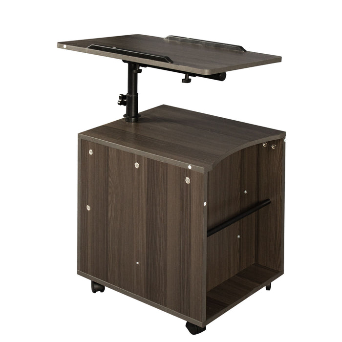 Height Adjustable Overbed End Table Wooden Nightstand With Swivel Top - Storage Drawers - Wheels And Open Shelf - Black Oak