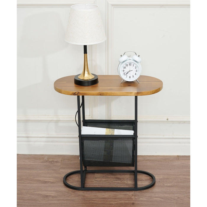 Acacia Wood Oval End Table With Power Coating Frame With Perfect Storage Space