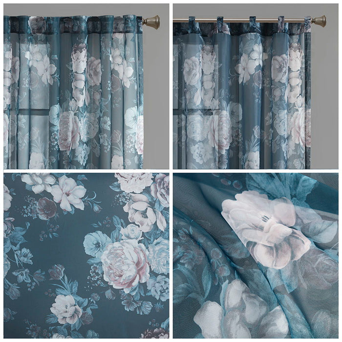 Printed Floral Rod Pocket And Back Tab Voile Sheer Curtain - Navy